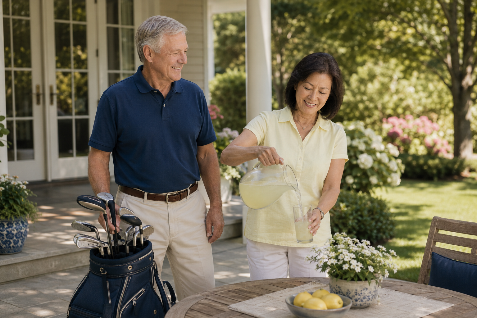 A mature couple enjoying lemonade beside a set of golf clubs on a sunny patio