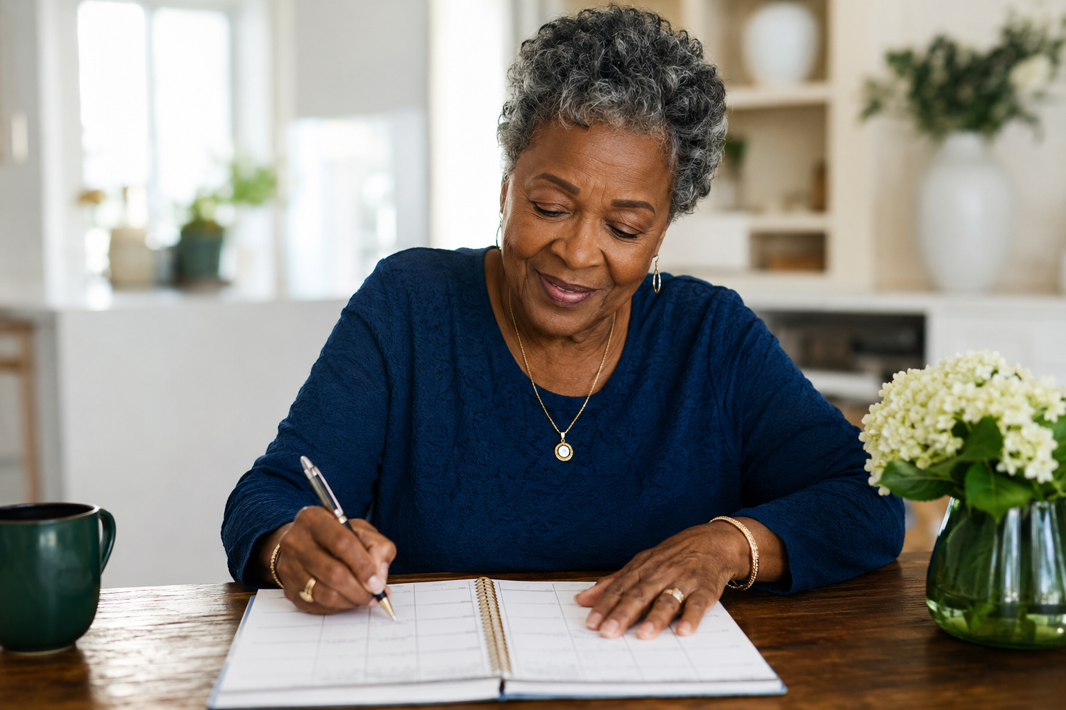 A smiling Black grandmother writing an appointment in her calendar planner