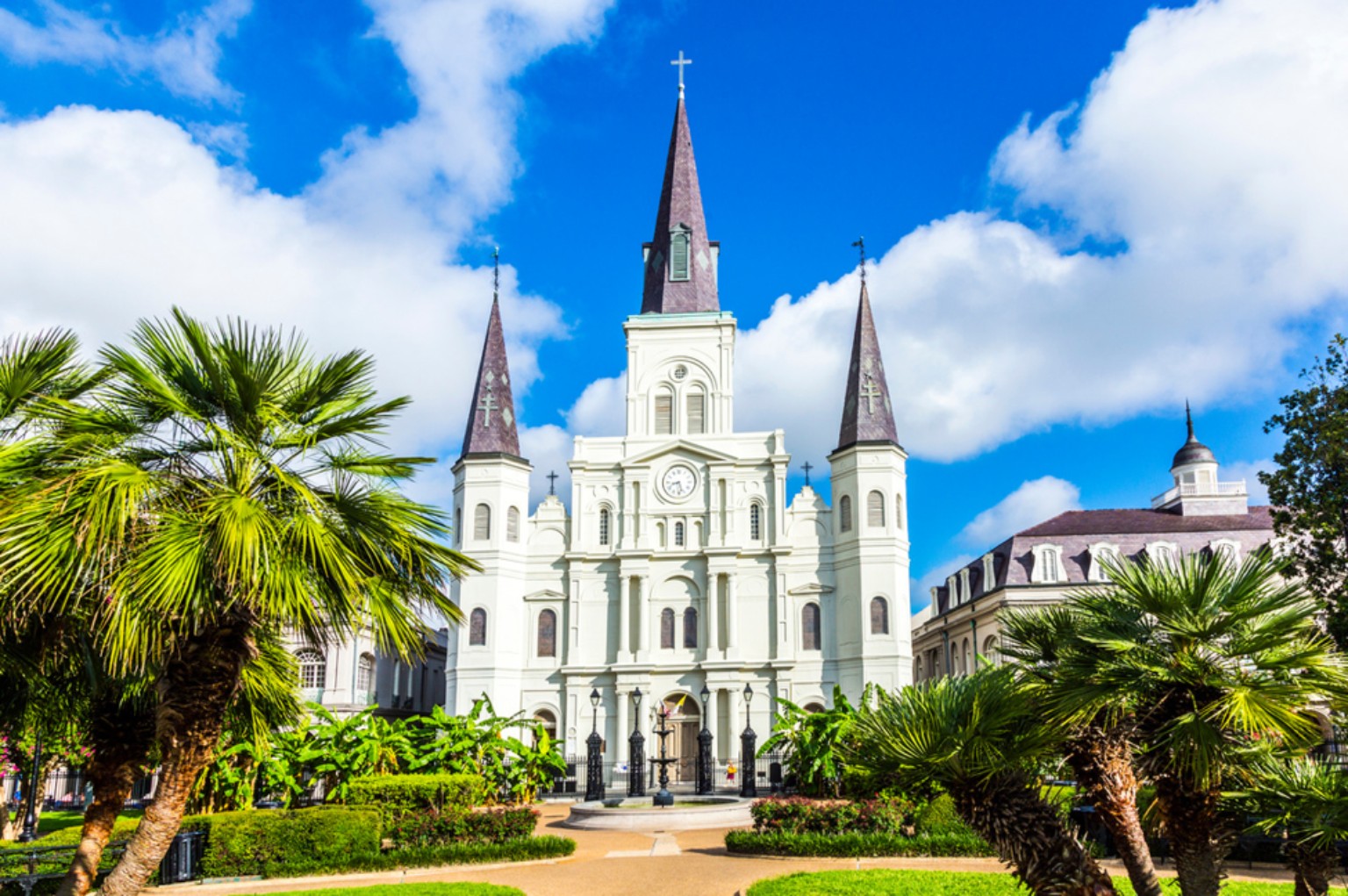 Historic New Orleans church framed by palm trees and a bright blue sky