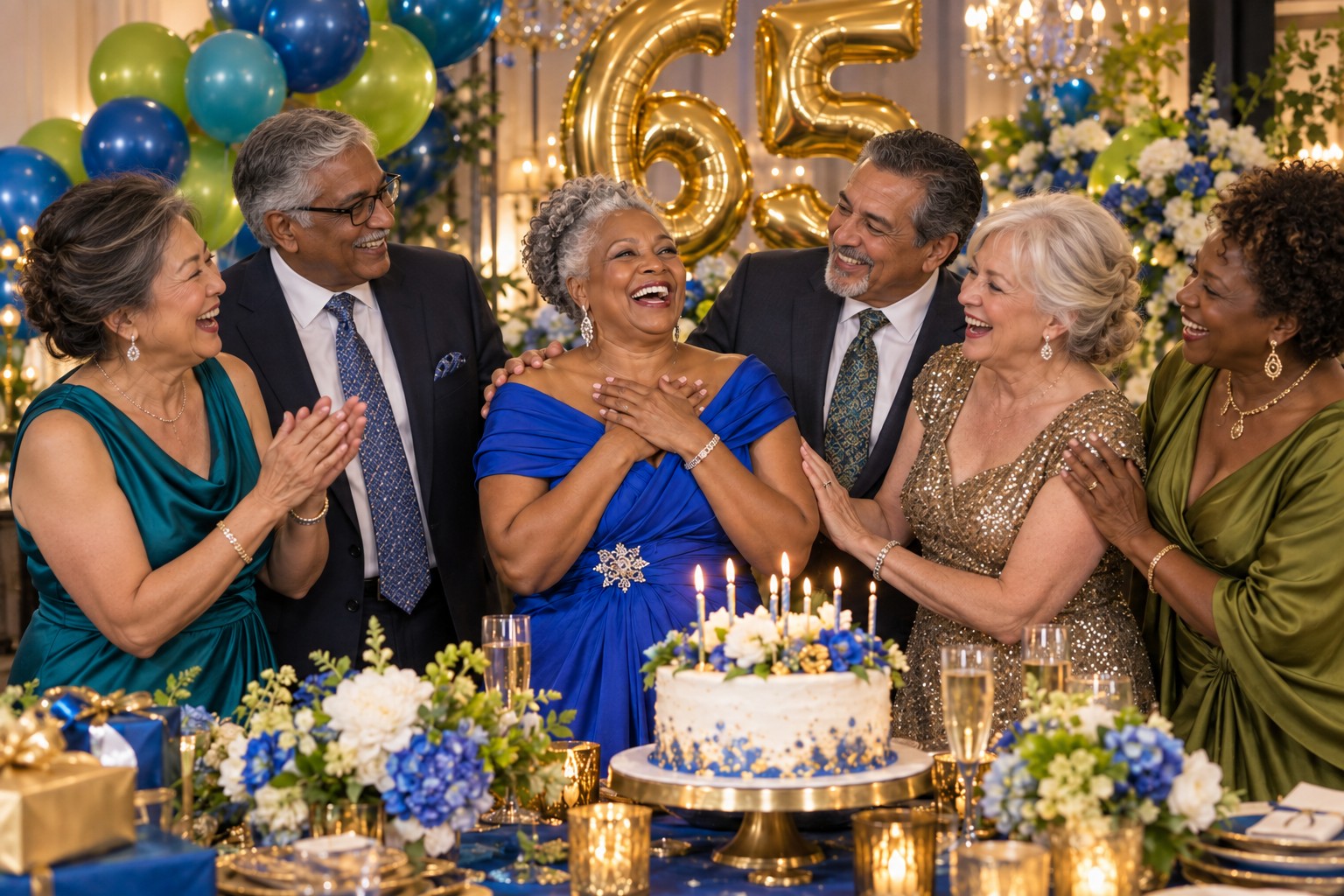 A diverse group celebrating a 65th birthday with a cake and gold 65 balloons